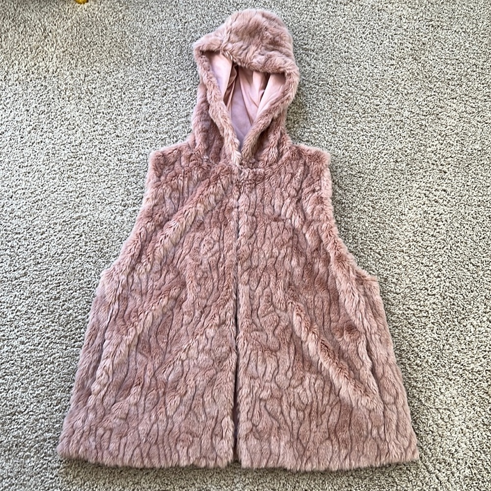 Express Pink Faux Fur Hooded Vest Pockets Hook & Eye Closure Warm Cozy M/L Boho